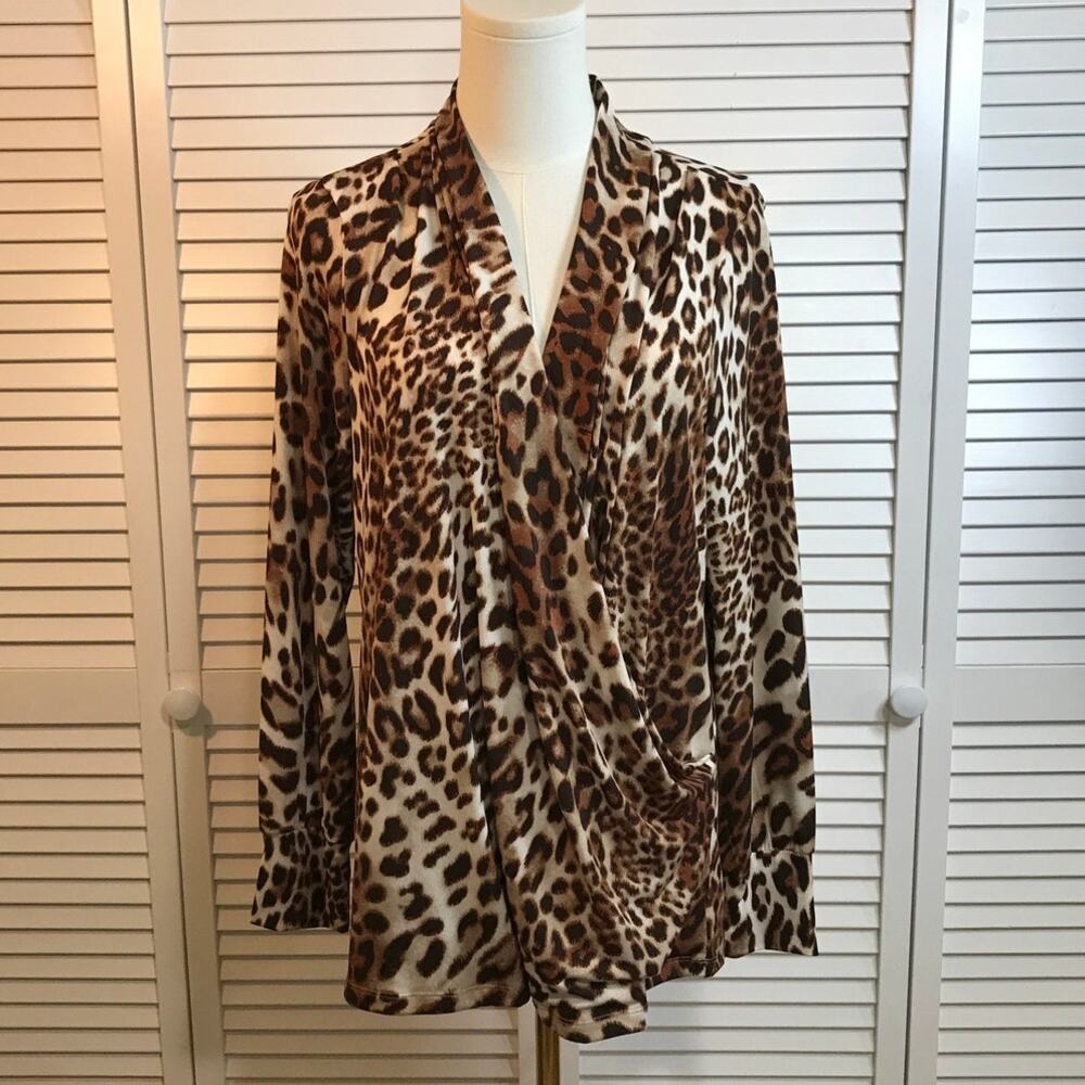 NWT The Limited Chic Retro Leopard Drape Front Surplice Long Sleeve Top L